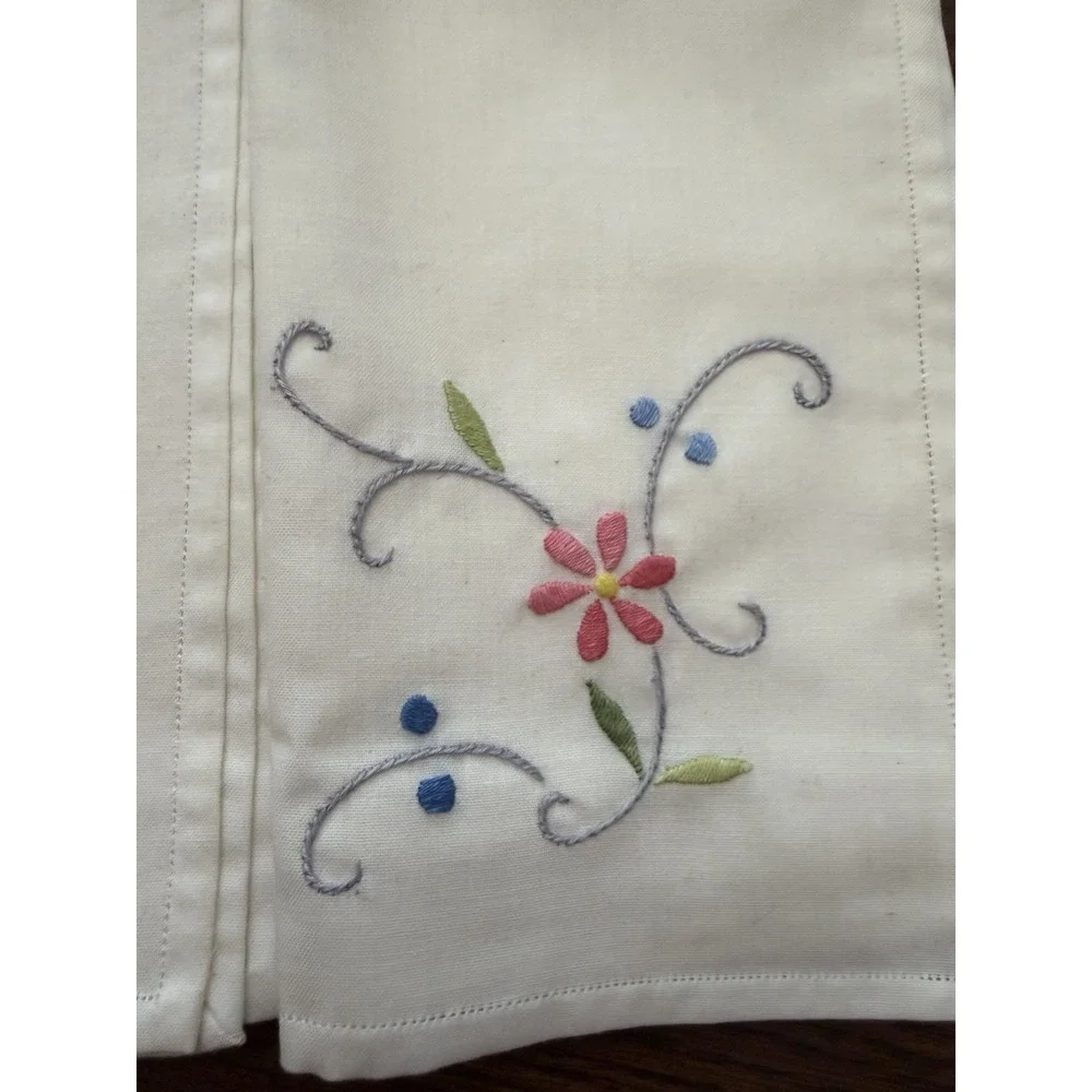 Vintage Embroidered Linen Napkins Set of 6 Floral Pink Blue Hemstitched 16x16